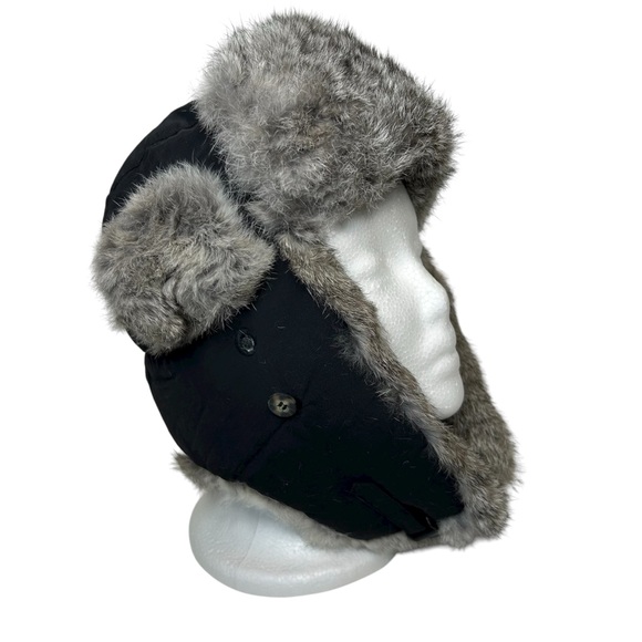 MAD BOMBER Sz M Black  Gray Rabbit Fur Outerwear Aviator Trapper Hat. - Picture 1 of 13